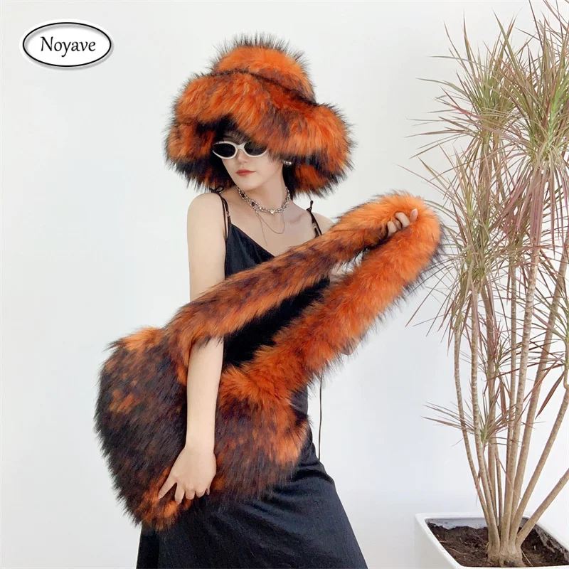 New Pink Large Brim Winter Warm Plush Bucket Hat and Bag Women\'s Imitation Raccoon Fur Fisherman Hat Bucket Hat Hats for Women