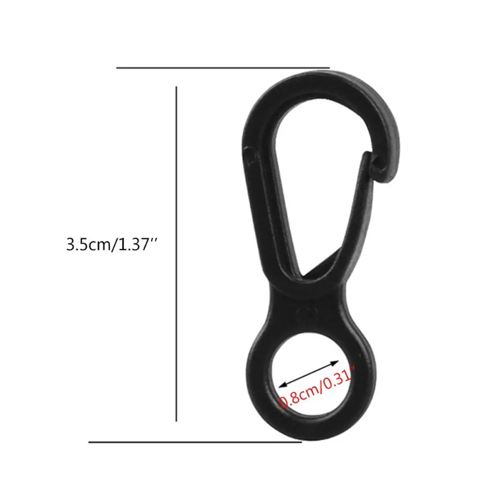 Paquete de tienda de campaña, gancho negro de plástico de 3,5 cm, llaveros de liberación rápida, Clip de resorte, Mini mosquetón, cordón