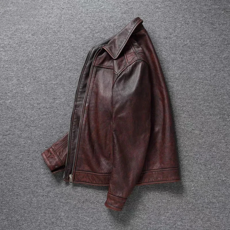 Retro Distressed Lapel First Layer Cowhide หนังแจ็คเก็ตรถจักรยานยนต์ผู้ชาย Slim สั้นคลาสสิก