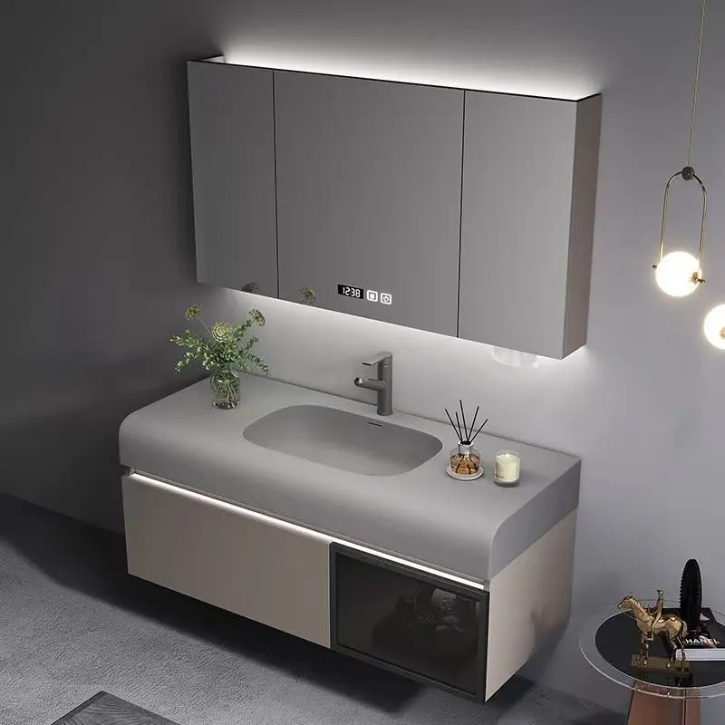 بسيطة وخفيفة وفاخرة وملمس ذكي للبشرة، حوض غسيل حديث متكامل، خزانة حمام من الخشب الصلب #2