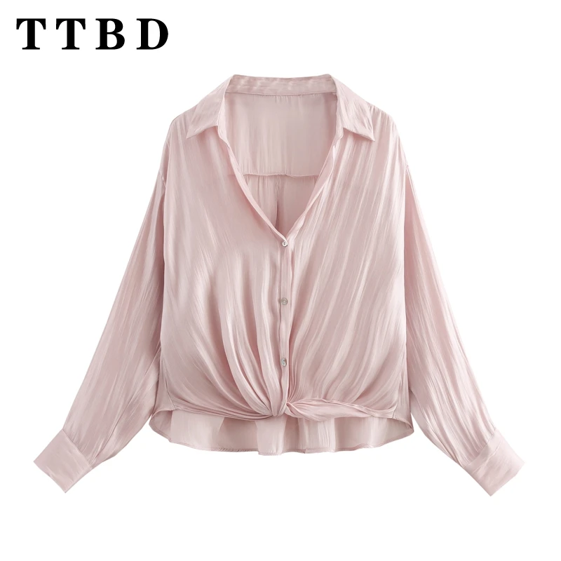 TTBD 2024 New Summer Women\'s Chic Oversized Satin Shirt Ladies Button Up Blouse Loose Light Grey Fashion Top