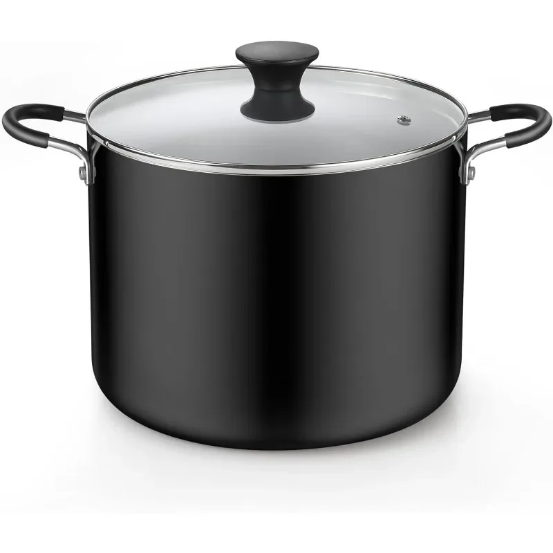 Nonstick Stockpot with Lid 10.5-Qt, Deep Cooking Pot Cookware Canning Stock Pot with Glass Lid, Black