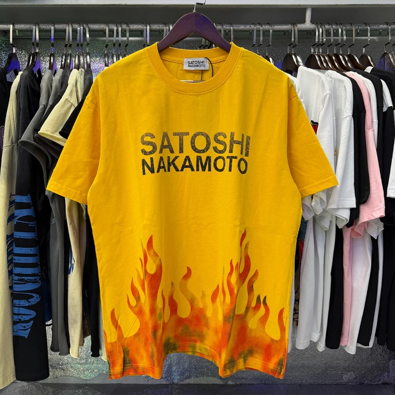 Fading Classic Letter Logo Flame Print Yellow Round Neck Short Sleeve Summer Satoshi Nakamoto Tshirts Men Women Casual Loose Tee
