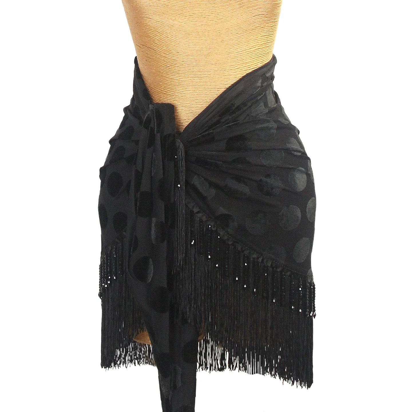 Spódnica do tańca latynoamerykańskiego, jednoczęściowa, z szarfą na biodra, damska, czarna, z koralikami i frędzlami, do ćwiczeń i występów Cha Cha, Rumba, Samba, DNV25949