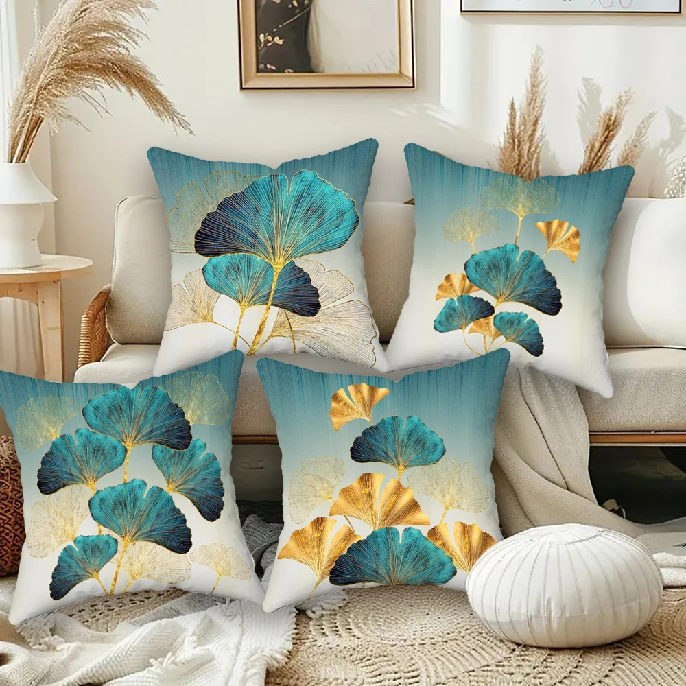 1pc ginkgo leaf Teal Gold Pillow Cushion Cover Square Soft Polyester Plant Leaves Ginkgo Biloba Throw Pillowcase