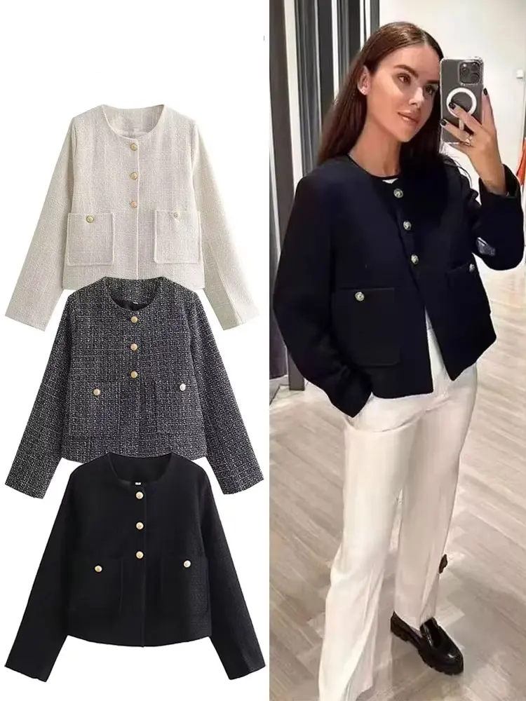 

Новое весеннее женское пальто с длинными рукавами и круглым вырезом, текстурированная куртка с карманами, винтажная однотонная верхняя одежда, уличный женский шикарный кардиган, топы