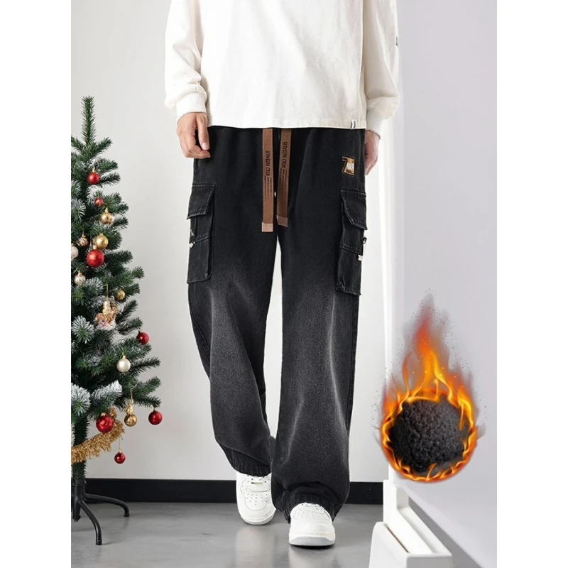 

Мужские зимние утепленные джинсы-карго с 6 карманами, толстые теплые джинсовые брюки на флисовой подкладке, широкие мешковатые джинсы, азиатский размер L-5XL