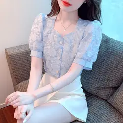 Fashion Square Collar Button Solid Color Puff Sleeve Chiffon Shirts Female Clothing 2024 Summer Loose Korean Tops Sweet Blouses