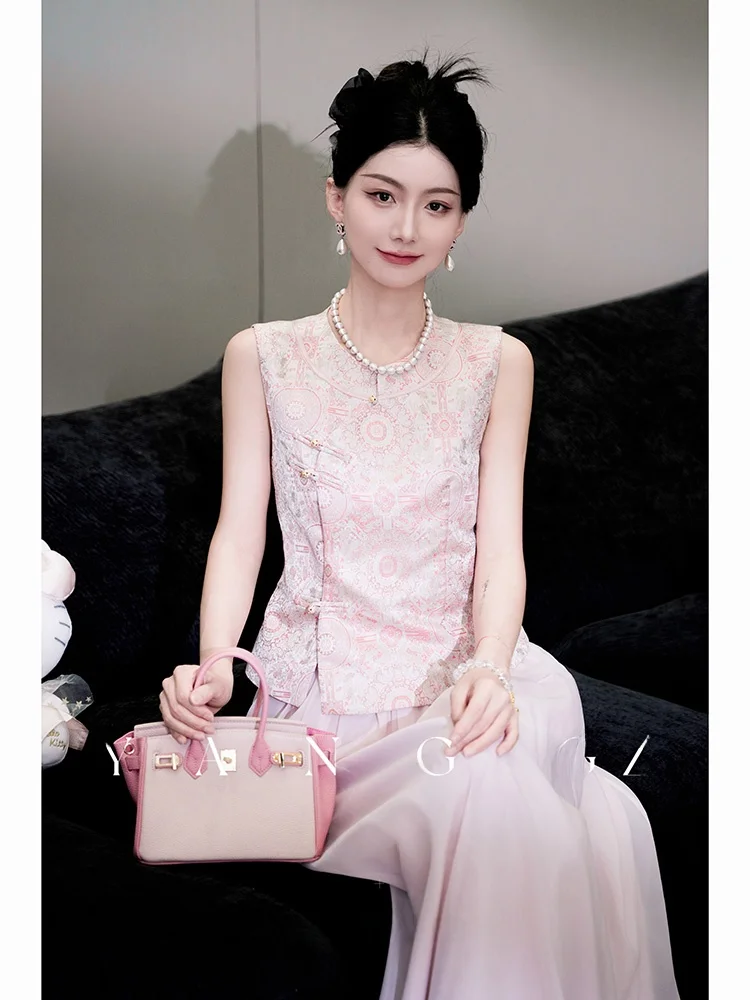 

New 2025 Summer Chinese Sle Women's Top Yang GZ Huìzhì Lánxīn Slanted Button-Up Vest Original Design Slim Fit round Ne Po...