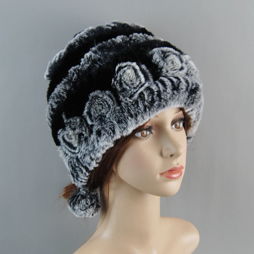Hot Sell Russian Women Knit Thick Real Rex Rabbit Fur Skully Hat Ladies Winter Warm Fluffy Natural Rex Rabbit Fur Elastic Hats