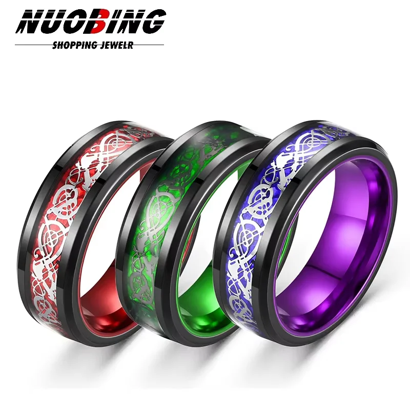 

2025 Fashion Men Stainless Steel Dragon Ring Inlay Purple Red Green BlackCarbon Fiber Ring Wedding Band Jewelry 8MM