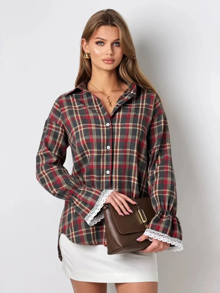 Fashionable Plaid Long Sleeve Shirt Casual Loose Women's  Neck Button up Sun Protection Commute Style Cotton Blend