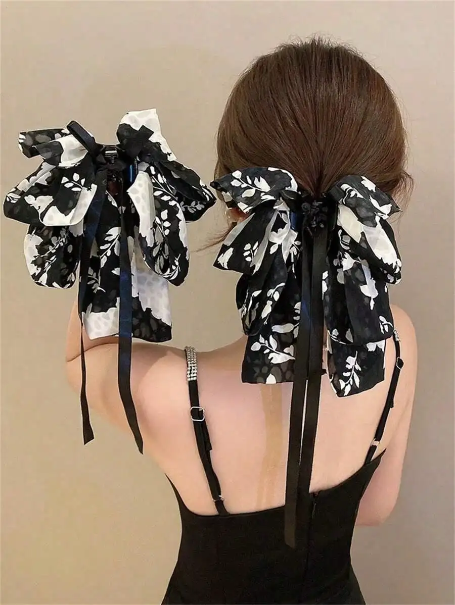 

1 Pc Large Hair Claw Clip For Women Fabric Black White Flower Print Claw Clips Hair Accessories Fashion Hair Clips Fall Winter
