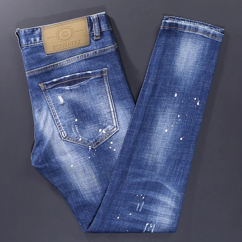 Street Fashion Men Jeans Retro Blue Elastic Stretch Slim Ripped Jeans Men Painted Designer Trousers Vintage Denim Pants Hombre