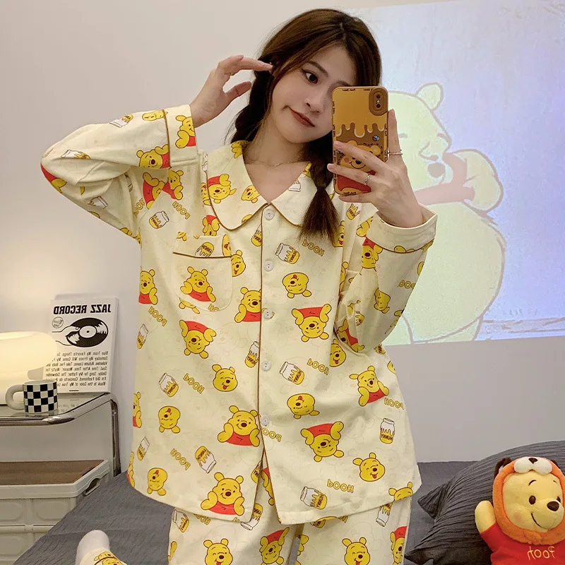 Cartoon Disney pajamas, autumn cotton long-sleeved trousers casual loose Winnie the Pooh loungewear women\'s pajamas set