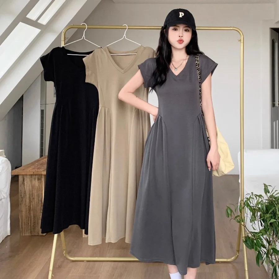 

【New style】Dress women's clothing pure color simple V-neck waist temperament long slimming all-matching dress long dress loose