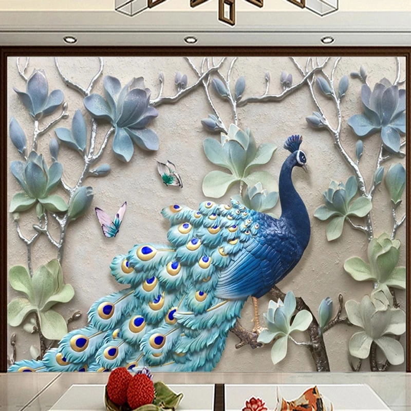 

Customized Photo Wallpaper 3D Relief Peacock Flowers Mural Living room TV background wall bedroom restaurant animal butterfly 8d