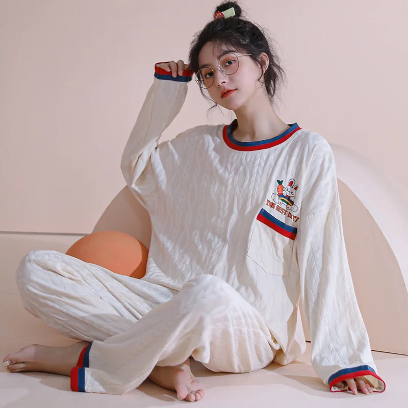 spring new style pajamas women's round neck pullover long sleeve trousers simple student home clothes suit can be worn out