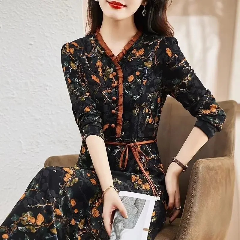 Vintage Broken Flowers Dresses Spring Autumn Elegant V-Neck Spliced Commute Female Clothing Waist Drawstring A-Line Mini Dress