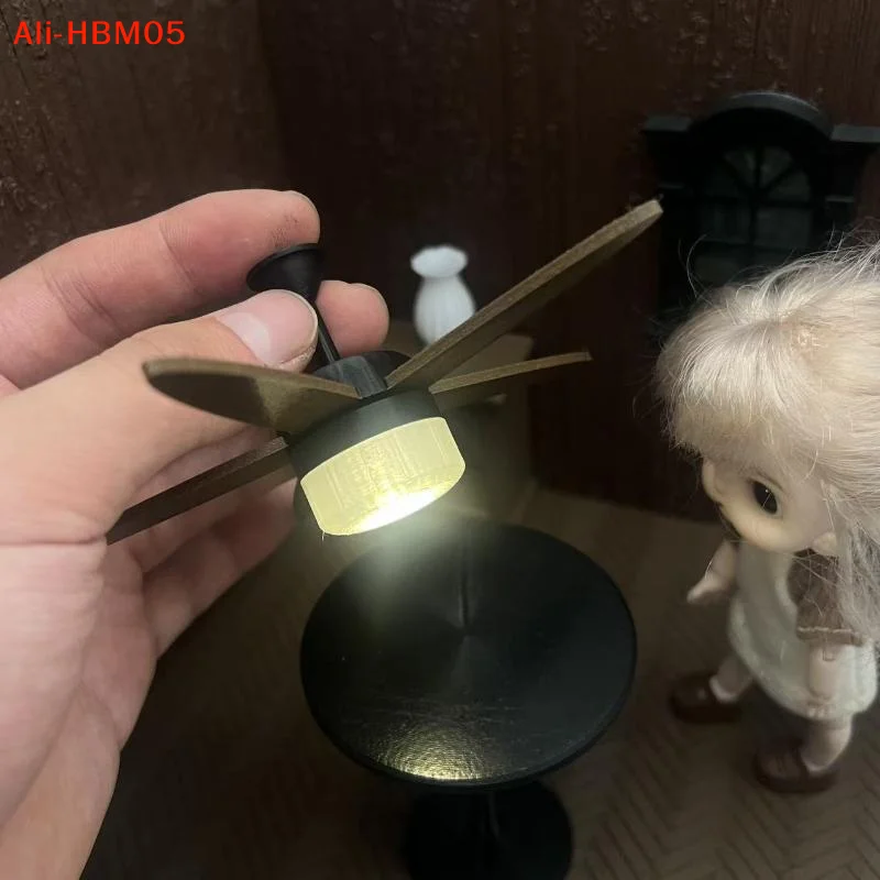 (HB05)Miniature Vintage Ceiling Fan With LED Light Ornament 1/12 Dollhouse Model Decor Doll House Mini Scene Photo Ptop