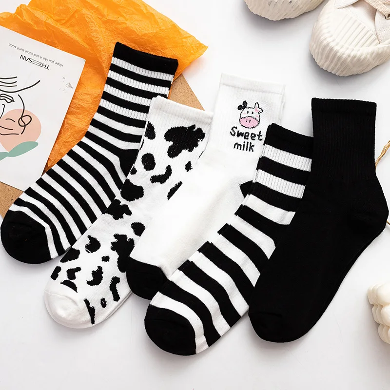 

Women's socks autumn middle calf striped black white cartoon long socks warm sweat absorbing cotton socks casual trendy socks