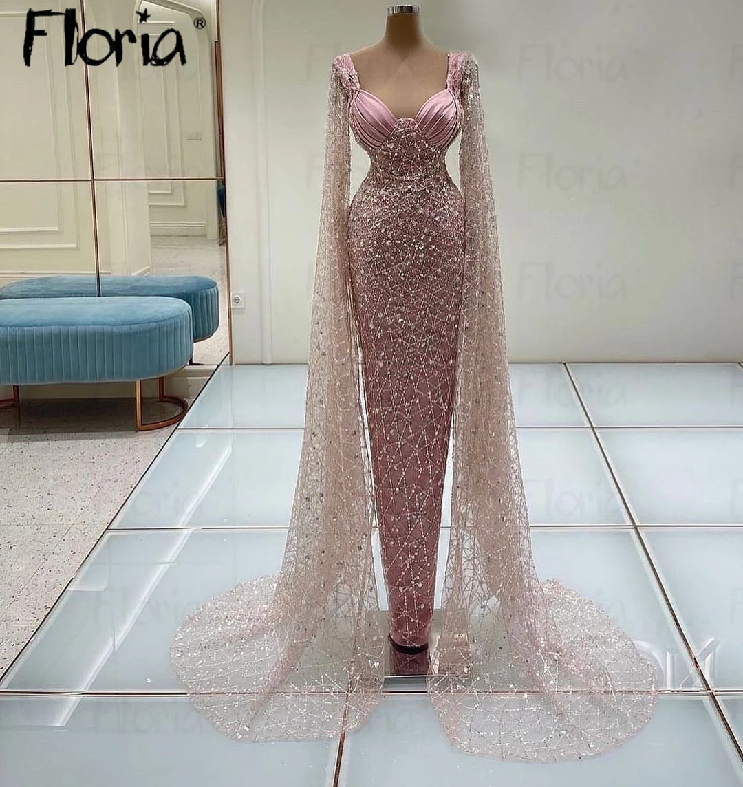 Mulheres Elegante Blush Rosa Vestido de Noite Manga Longa Capa, Completo Beading Bainha Robe, Pescoço Quadrado, Personalizado Vestidos de Casamento, 2024