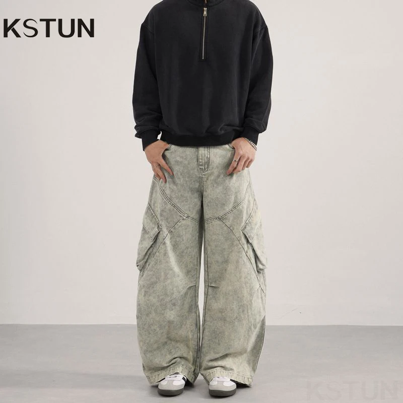 Kstoun calças de carga masculinas, ajuste solto, bolsos grandes, 100% algodão, cinza claro, calças curvas, calças largas, moda hiphop, streetwear