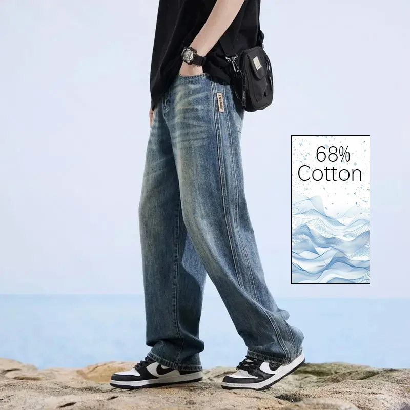 Stretch-Jeans für Herren, Baumwolle, Qualität, weich, locker, weite Hose, elastische Taille, lässige Denim-Hose, Streetwear, Baggy-Jeans für Herren, Sommer