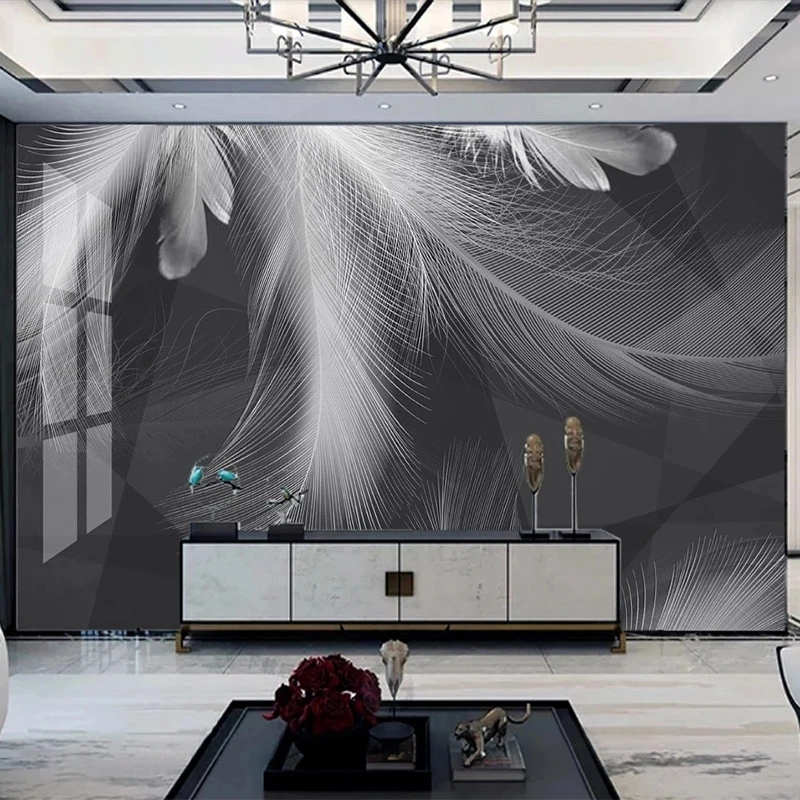 Custom Photo Mural Wallpaper Modern Beautiful Black White Gray Feather Abstract Art Living room TV background bedroom restaurant