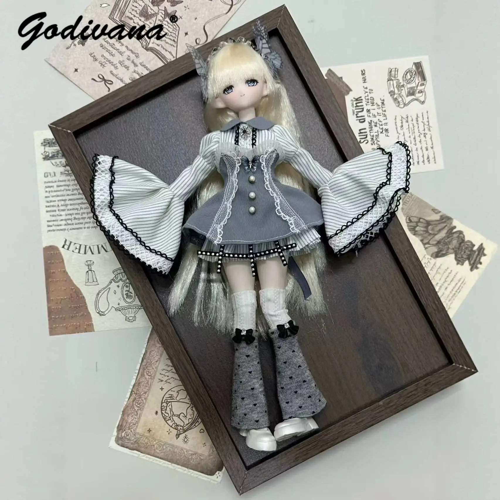 Fit for Special 1/6 Ob24 Ob22 Bjd Doll Clothes Sweet Cute Lace Trim Flare Sleeves Strip Ruffle Lolita Dress with Headband Set