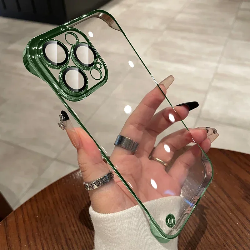 

Slim Frameless Phone Case For iPhone 16 15 14 Plus 13 12 Pro Max Plating Edge Plastic Clear Back Cover