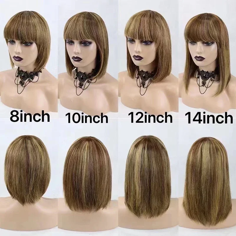 180D Short Cut P4/30 Highlight Straight Human Hair Wigs With Bangs Blonde Bob Bangs Wigs Brazilian Straight Full Machine Wigs