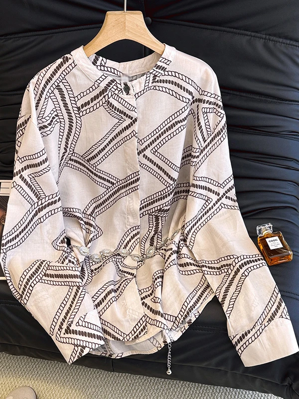 

Французский длинный све с воротником-стойкой и воротником-стойкой для женщин, большие размеры, осенний топ с геометрическим рисунком, женская одежда