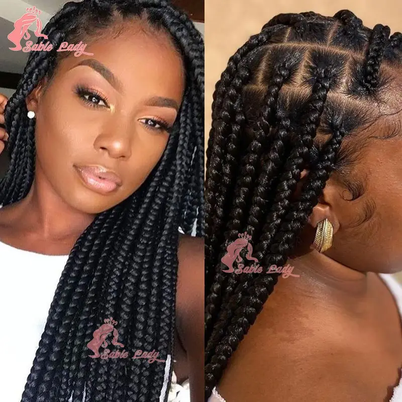 Knotless Cornrow trançando perucas para mulheres africanas, perucas sintéticas trançadas caixa Jumbo, transparente Full Lace Front tranças peruca, 36"