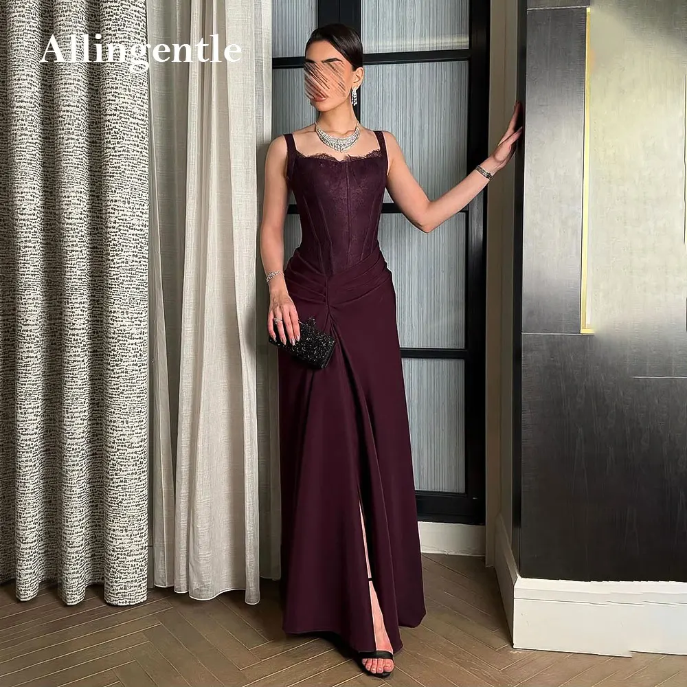 

Burgundy Slit Lace Maxi Evening Dress Sleeveless Floor Length A-Line Prom Dress Dubai Wedding Party Gowns for Women Customized