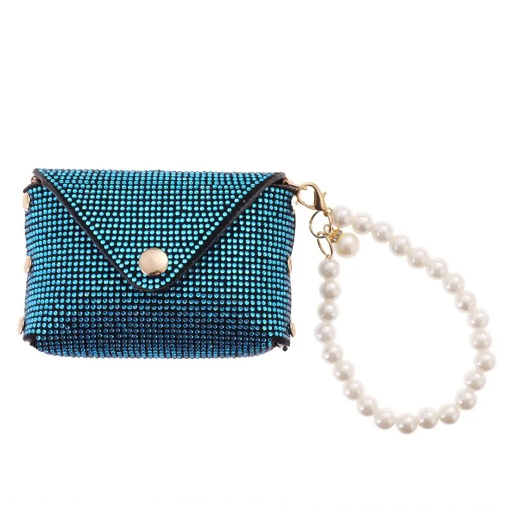 

Fashion PU Leather Rhinestone Coin Purse Shiny With Pearl Lanyard Mini Storage Bag Korean Style Card Bag Headphone Bag Women