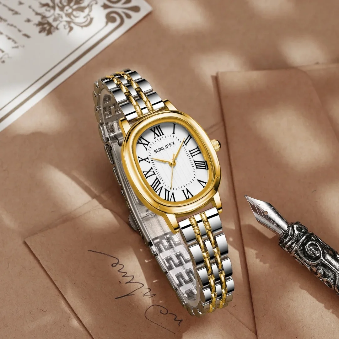 SUNLIFEX Oval Simple Women’s Watch Business Gold Silver Quartz Wristwatch Stainless Steel Folding Clock Elegant Dress Ladies Wa