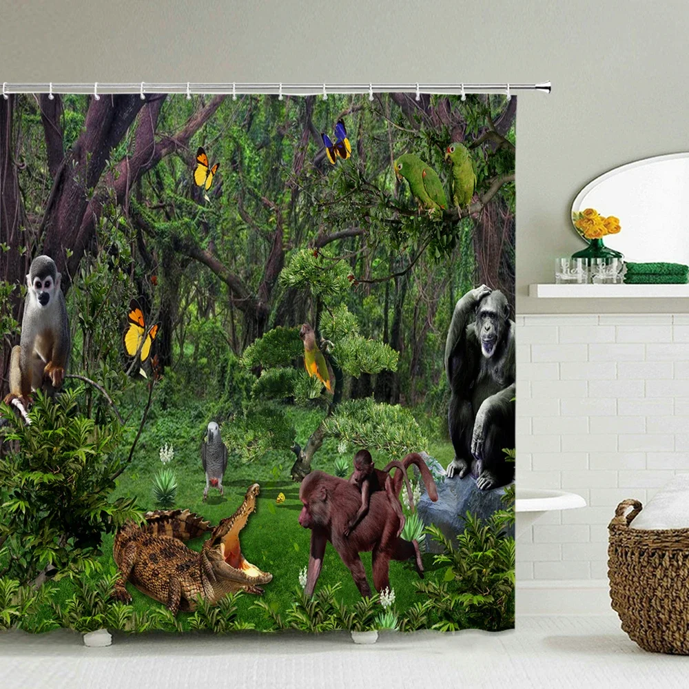 3D Printed Animals Shower Curtain With Hooks Tiger Monkey Giraffe Elephant Waterproof Fabric Home Decoration Bathroom Curtains