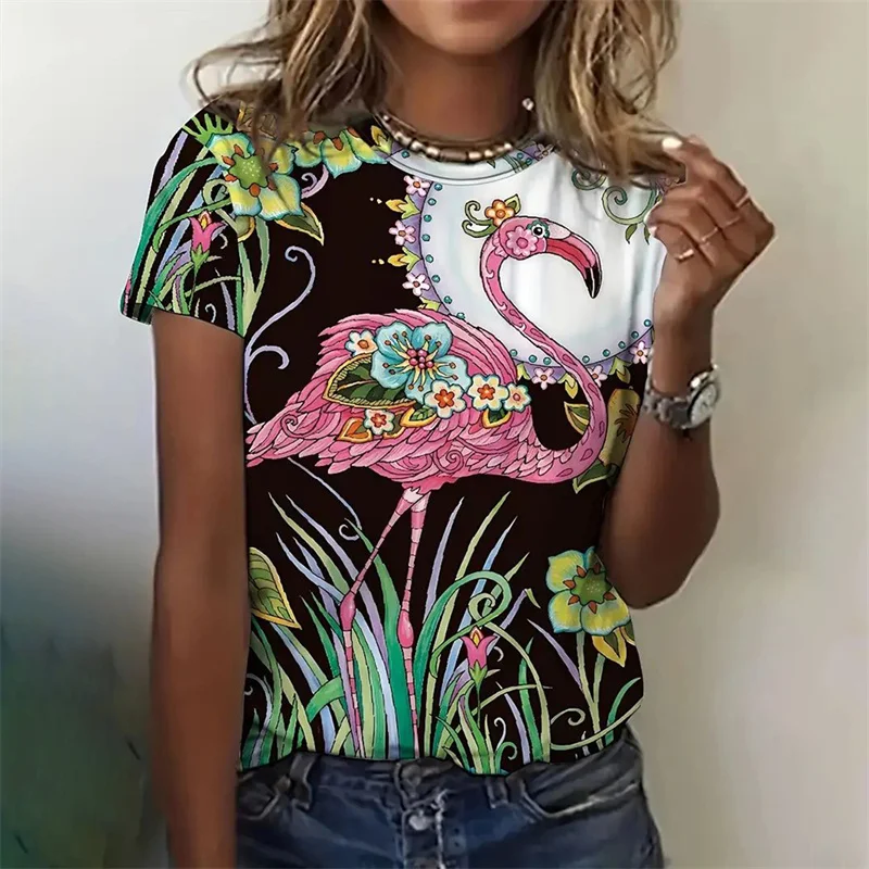 T-shirt imprimé flamants roses pour femmes, streetwear drôle, chemises courtes pour filles, vêtements vintage, mode estivale, nouveau, 3D