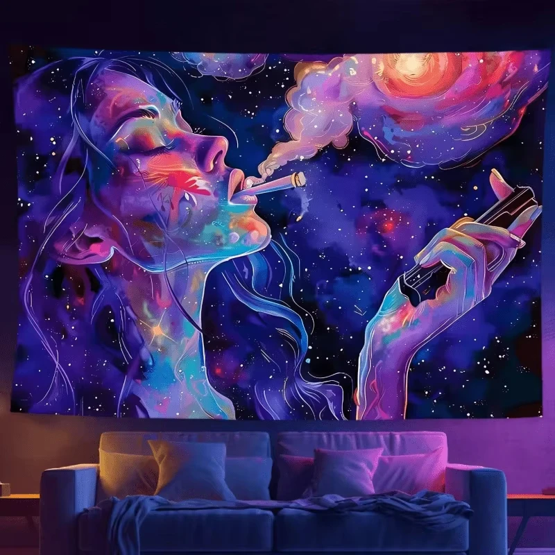 1PC Psychedelic starry sky tapestry, closed eyes breathing goddess, Milky Way nebula meditation space studio, home decoration