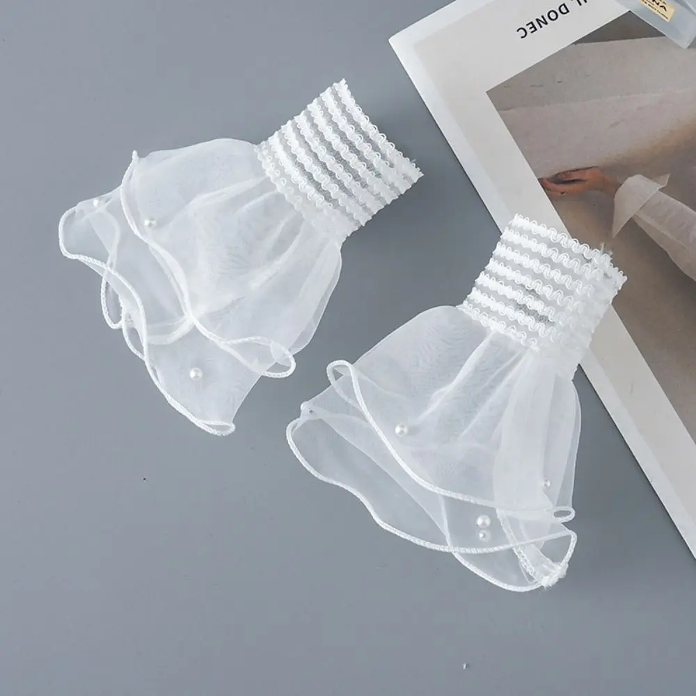 Double Layer Fake Pleated Cuff Detachable Lace Sleeve Horn Cuffs Decoration All-match with Pearls Elastic Sleeve Cuffs