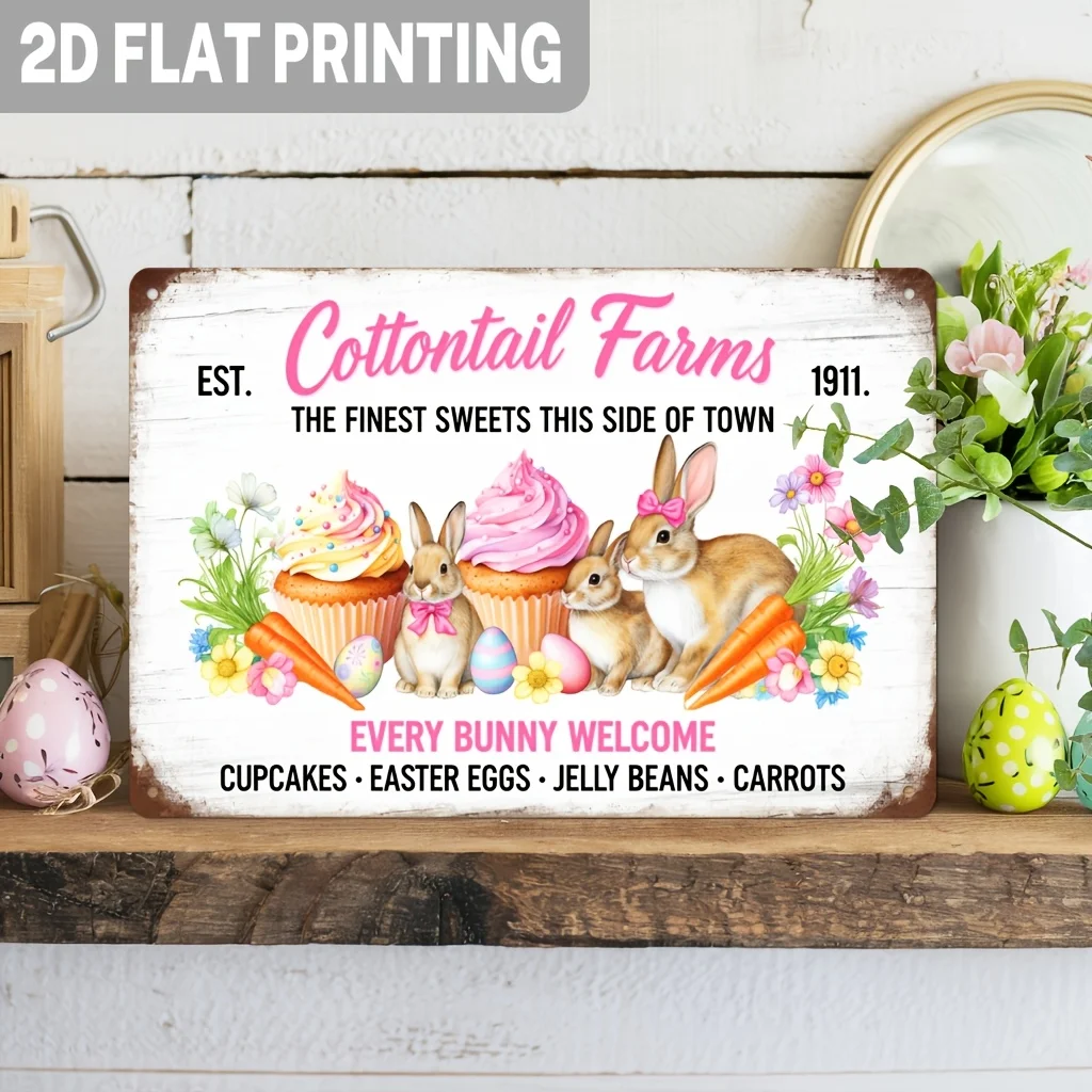 2D Flat, 1pc Cottontail Farms Metal Tin Sign - Vintage Bunny Rabbit & Farmhouse Wall Decor with Cottontail Farms - Rustic Iron 2