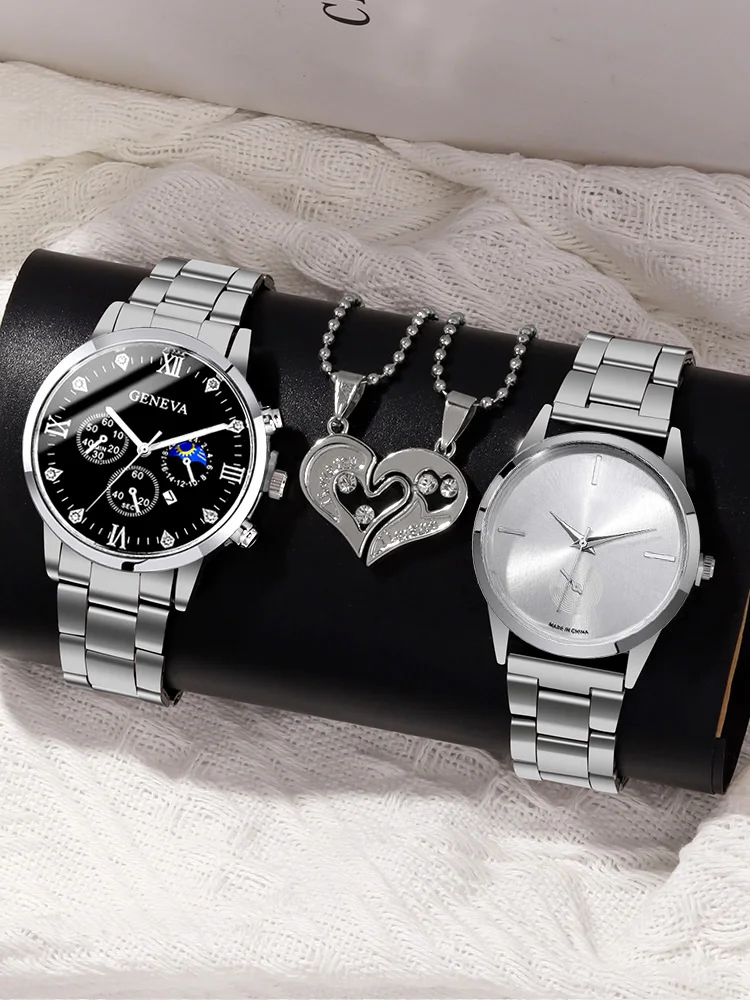 4pcs Fashion Versatile Couple Watch Casual Pair Watch Steel Band Quartz Watch+Couple Necklace