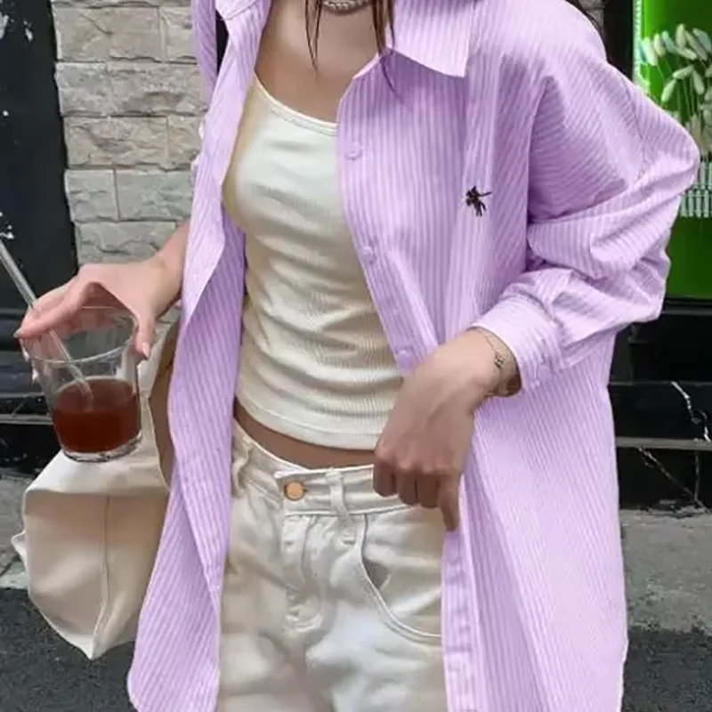 قميص ITOOLIN الجديد لقضاء العطلات الراقية للسيدات صيفي أنيق بياقة مخططة وفضفاض غير رسمي متعدد الاستخدامات وأكمام طويلة #5