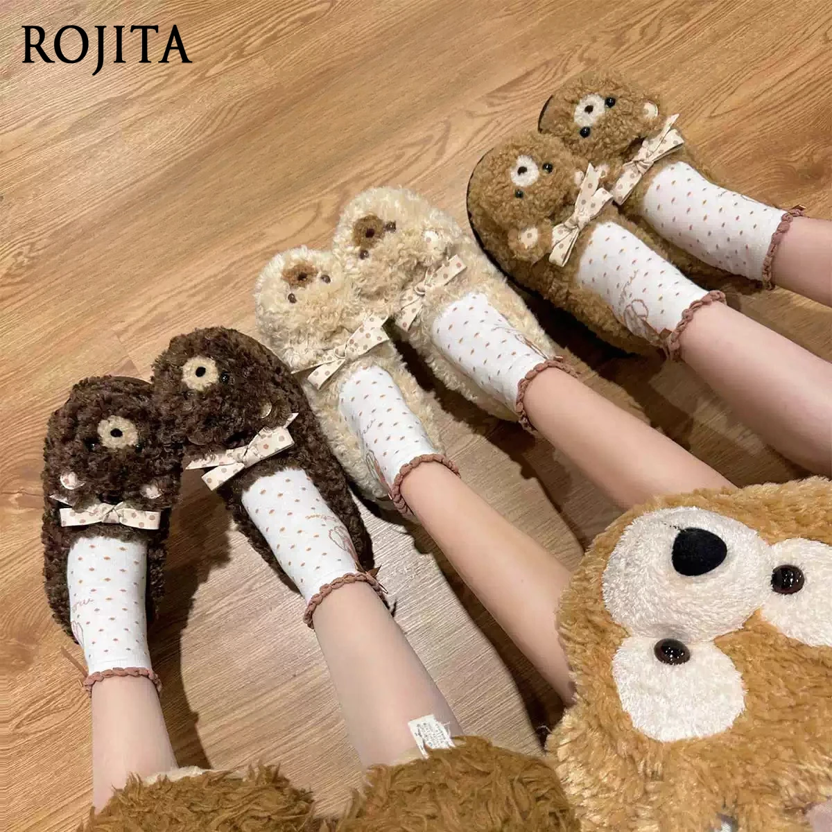 

Warm Round Toe Polka Dot Bow Flat Shoes Fluffy Lolita Winter Fleece Bear Single Shoes