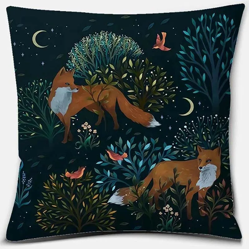 Housse de coussin Nordic Night Forest Fox, taie d'oreiller 2D en peau de pêche, coussins décoratifs animaux enchantés pour canapé et décoration intérieure