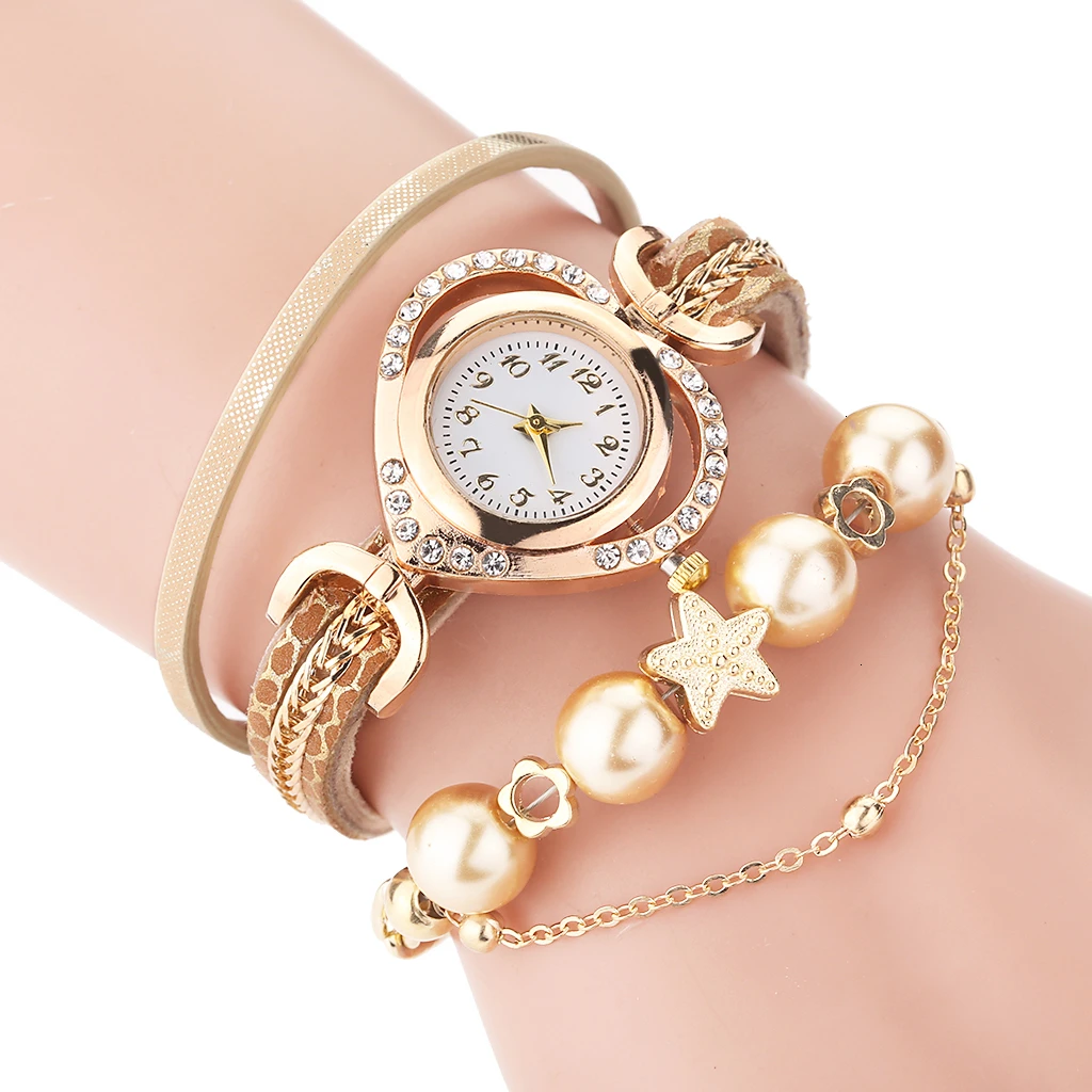 High Quality Women Bracelet Watches With Pearl Pendant  Luxury Ladies Leather Quartz Rhinestone Wristwatches Clock