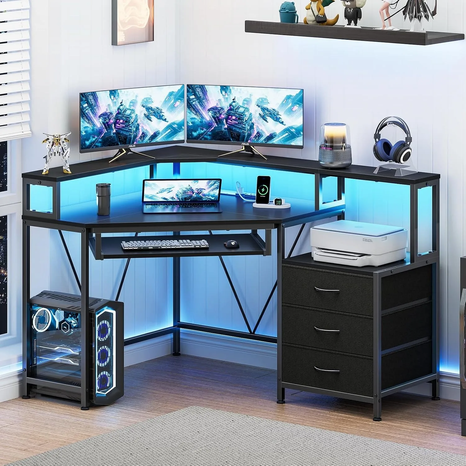 47" Corner Desk with Drawers, Power Outlets ＆ Printer Shelf for Small Space