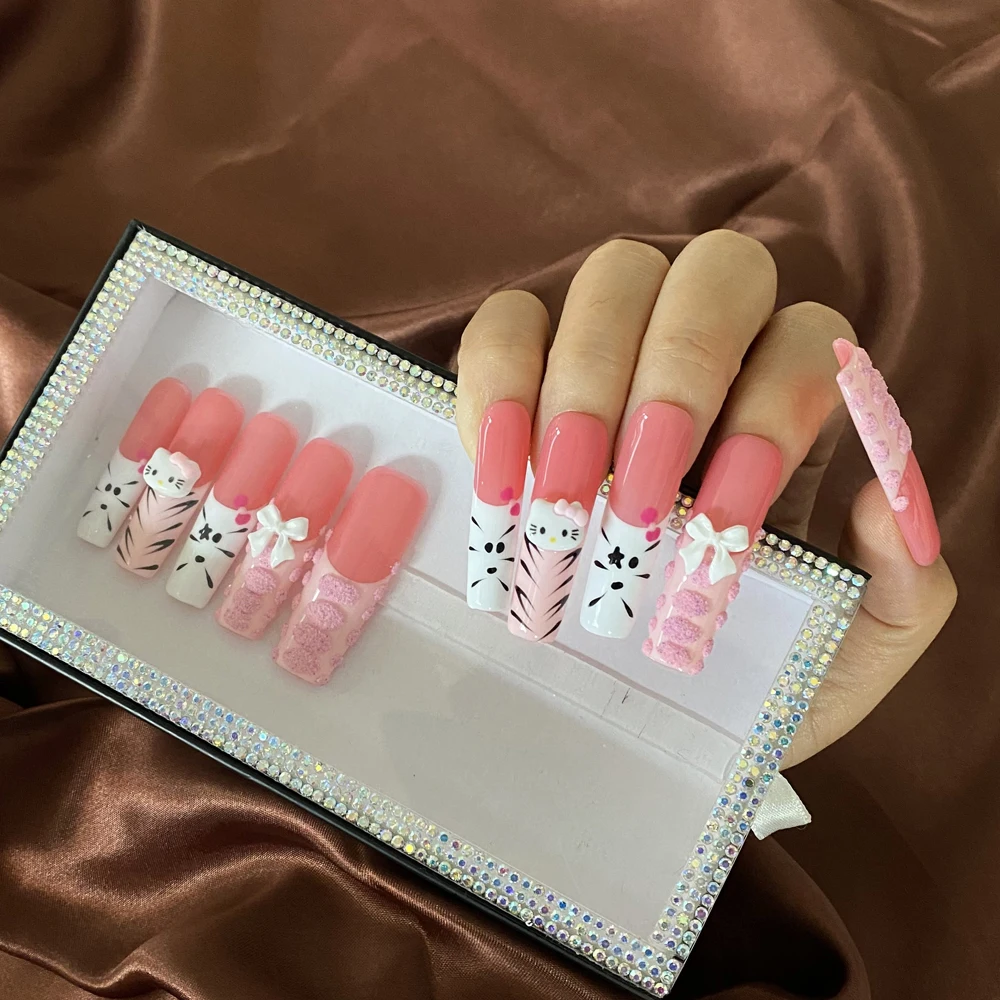 

Luxury Press On Nails 100% Handmade Acrylic Nails Rhinestones Bling Salon Design Cute Artificial Fingernails with Glue Tools