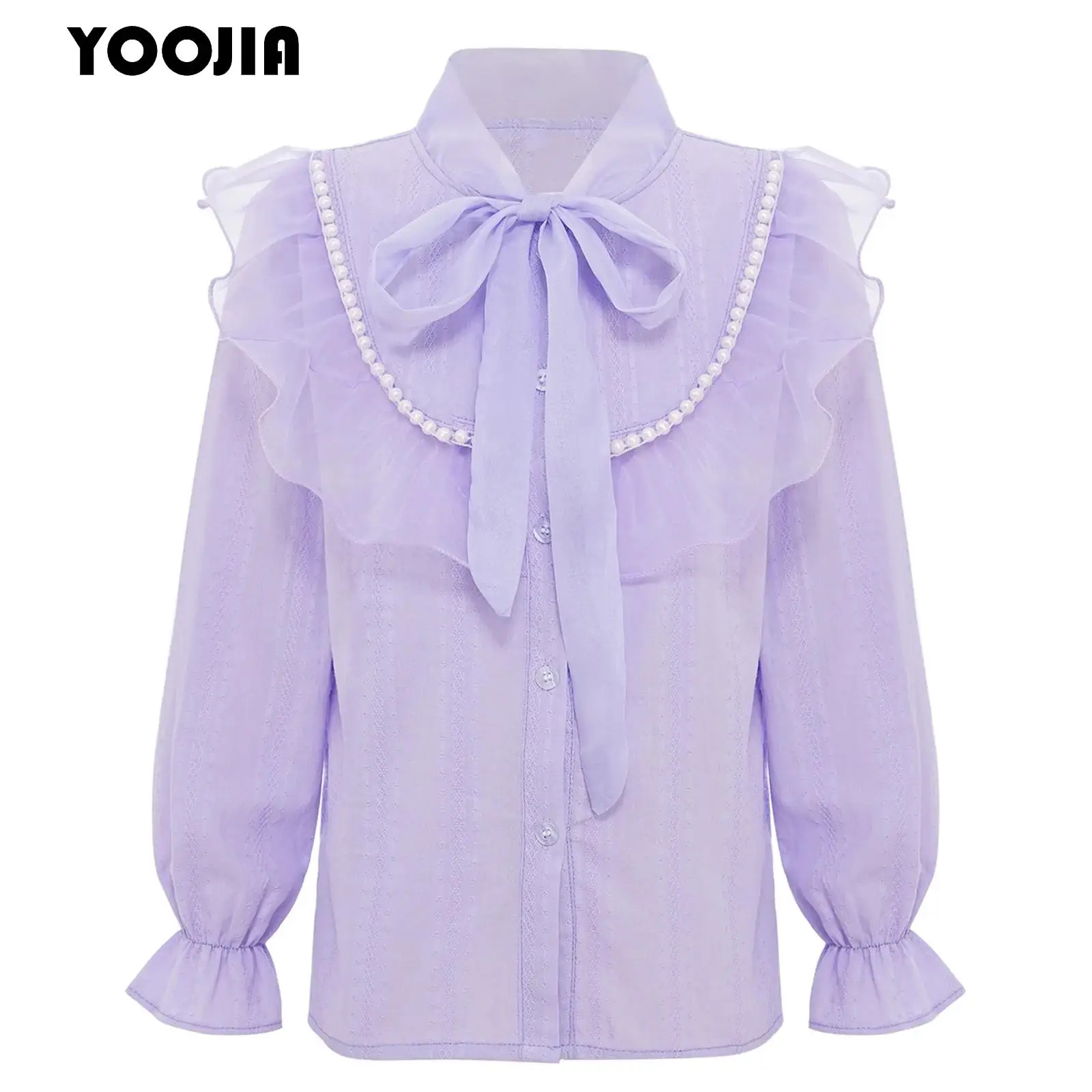 

Kawaii Collar Girls Shirt Kids Japanese Cute Lolita Blouses Top Sweet Tulle Ruffles Long Sleeve Button Chic Blouse Party Clothes
